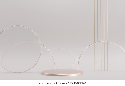 Podium, exhibition round pedestal - 3d render illustration. Stand for cosmetic products. Geometric  - architectural composition. Gray white base podium with glass, gold decor.