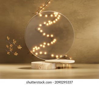 Podium With Fairy Light String On Wall Background 3d Rendering