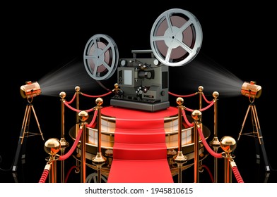 Podium With Film Projector, 3D Rendering Isolated On Black Background