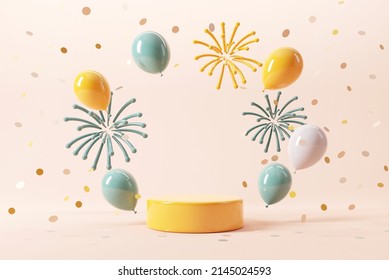 Podium with fireworks and falling shiny confetti and balloon on white background, Copy space, Celebration and party concept, 3d render. - Powered by Shutterstock