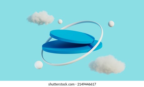 Podium Floating In Air With Cloud On Background. Rendering 3d Shape For Product Display Presentation.