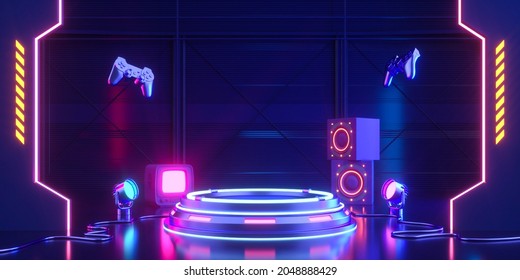 Podium Futuristic Sci Fi 3D Rendering Alien Blue Neon Glass Modern Empty Cyber Punk Gaming Neon Light Headphones