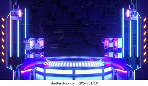 Podium Futuristic Sci Fi 3D Rendering Alien Blue Neon Glass Modern Blank Cyber Punk Gaming Neon Lights For Products