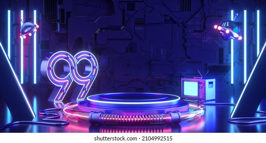 Podium Futuristic Sci Fi 3D Rendering Alien Blue Neon Glass Modern Empty Cyber Punk, Shoping Day 99 Event, Podium Empty