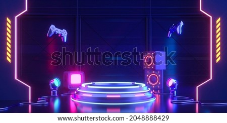 Podium Futuristic Sci fi 3D Rendering Alien blue Neon Glass Modern Empty cyber punk gaming neon light headphones Stock foto © 