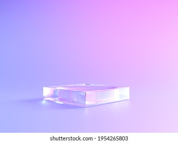 Podium of glass, product display background, 3D transparent stage stand. Luxury crystal glass product display or presentation podium, square glass and light