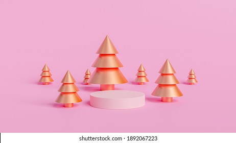 Podium And Golden Christmas Tree,3d Render