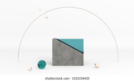 Podium Made Of Raw Stone, Cement Concrete With Blue Glass And Gold Pearls. Mock Up Of Geometric Objects For Premium Goods. Showcase For Cosmetic Products And Goods,shoes,bags,watches - 3D, Render.