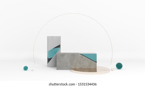 Podium Made Of Raw Stone, Cement Concrete With Blue Glass And Gold Pearls. Mock Up Of Geometric Objects For Premium Goods. Showcase For Cosmetic Products And Goods,shoes,bags,watches - 3D, Render.