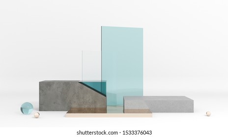 Podium Made Of Raw Stone, Cement Concrete With Blue Glass And Gold Pearls. Mock Up Of Geometric Objects For Premium Goods. Showcase For Cosmetic Products And Goods,shoes,bags,watches - 3D, Render.