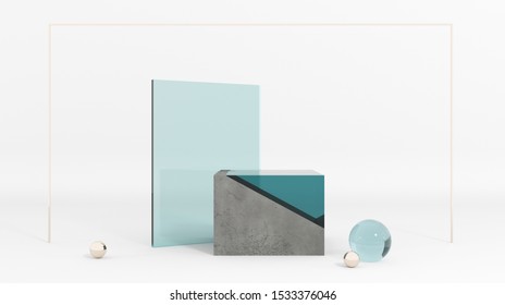 Podium Made Of Raw Stone, Cement Concrete With Blue Glass And Gold Pearls. Mock Up Of Geometric Objects For Premium Goods. Showcase For Cosmetic Products And Goods,shoes,bags,watches - 3D, Render.