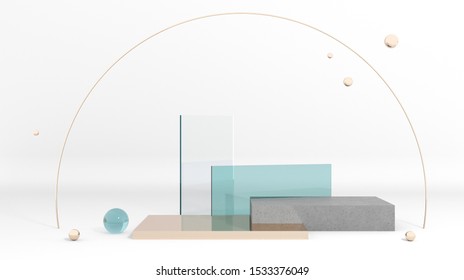 Podium Made Of Raw Stone, Cement Concrete With Blue Glass And Gold Pearls. Mock Up Of Geometric Objects For Premium Goods. Showcase For Cosmetic Products And Goods,shoes,bags,watches - 3D, Render.