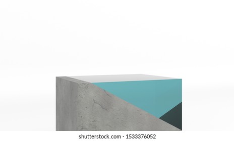 Podium Made Of Raw Stone, Cement Concrete With Blue Glass And Gold Pearls. Mock Up Of Geometric Objects For Premium Goods. Showcase For Cosmetic Products And Goods,shoes,bags,watches - 3D, Render.