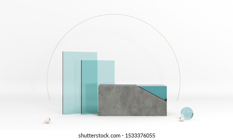 Podium Made Of Raw Stone, Cement Concrete With Blue Glass And Gold Pearls. Mock Up Of Geometric Objects For Premium Goods. Showcase For Cosmetic Products And Goods,shoes,bags,watches - 3D, Render.