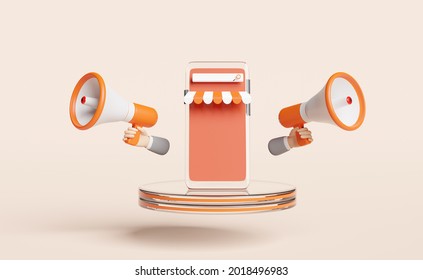 Podium And Mobile Phone, Smartphone With Store Front, Businessman Hands Holding Megaphone, Hand Speaker  Isolated On Pink Background. Online Shopping, Search Data Concept, 3d Illustration, 3d Render