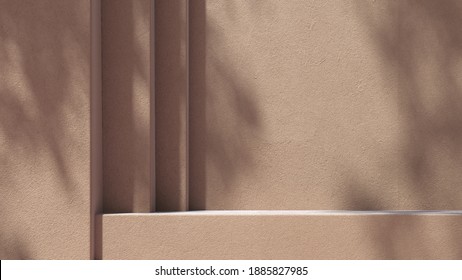 Podium For Packaging Presentation And Cosmetics, A Shadow On The Wall.  Product Display With Warm Color Concrete Texture, Stone Texture, Natural Beauty Pedestal. Realistic Rendering. 3d Illustration.