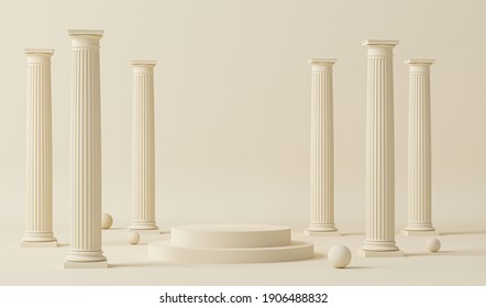 Podium pedestal in ancient Greek style. Minimal scene in pastel cream and white room with marble colonnade and classic columns. Trendy 3d render for social media, promotion, cosmetic product show. 
