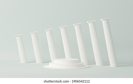 Podium pedestal in ancient Greek style. Minimal scene in white with marble colonnade and classic columns. Trendy 3d render for social media, promotion, cosmetic product show. 

