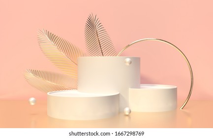 Podium, Pedestal For Brand Promotion Product. Creative Pink Background For Advertising Presentation. Palm Trees Leaves Gold Glitter. 3d Render Illustration. Stand Base Mockup