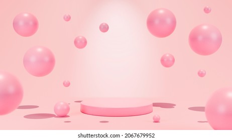 Podium, Pedestal With Pink Background Of Pink Floating Pearls. For Presentation Of Cosmetic Products.3d Illustration.