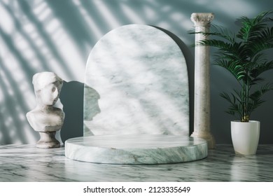 Podium pedestal product mock up display with ancient Greek statue, interior trend Hellenistic appeal, 3d illustration