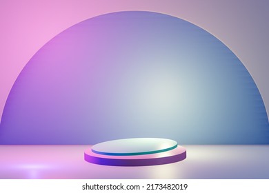 Podium Pink And Blur Color With Half Circle Background For Product Display Presentation , Isolated On Pink And Blue Background , Illustration 3D Rendering