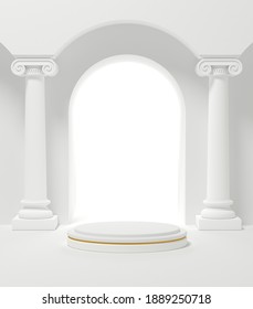 Podium platform for product presentation with classic roman columns. Cylinder show cosmetic product. Mockup. 3D illustration