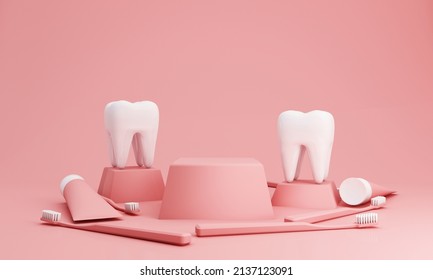 Podium product stand with White teeth, toothbrush and toothpaste tube for product presentation isolated on pink background, in concept of Oral Health and Dental Care and Oral Care. 3d rendering  - Powered by Shutterstock