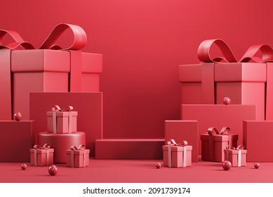 Podium with red gift box on red background. 3d abstract product background for Valentine and Christmas, 3d render. Stage for product design. - Powered by Shutterstock