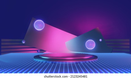 Podium Show Products, Empty Stage. Colored Neon Lights. Place To Present A Product. Retro Style. Sci Fi Style. 3d Rendering Image.