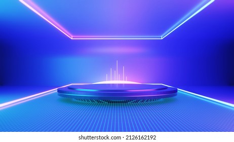 Podium Show Products, Empty Stage. Colored Neon Lights. Place To Present A Product. Retro Style. Sci Fi Style. 3d Rendering Image.