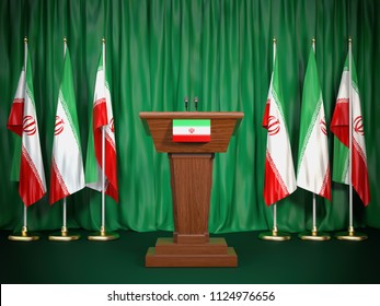 Podium Speaker Tribune With Iran Flags. Briefing Of President Of Iran. Politics Concept. 3d Illustration