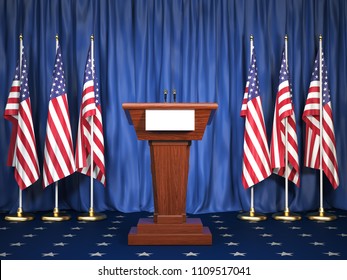 Podium Speaker Tribune With USA Flags. Briefing Of President Of United States In White House. Politics Concept. 3d Illustration