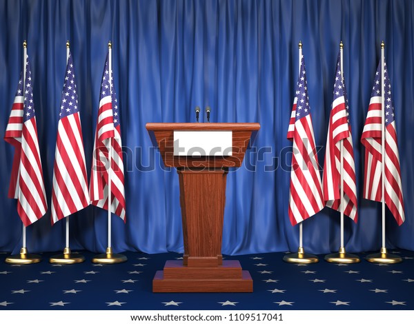 米国国旗を持つトリビューン教壇議長 ホワイトハウスでの米国大統領の説明会 政治のコンセプト 3dイラスト のイラスト素材