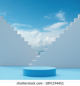 Podium stage stand on a blue white background with blue sky and clouds on a sunny day abstract background 3d render 