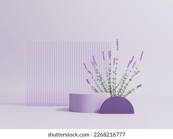 Podium, stand, display with lavender flowers on pastel purple background. Showcase, Mock up for the exhibitions, presentation of products, therapy, relaxation and health -3d render. - Powered by Shutterstock