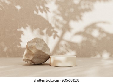 Podium, stand on pastel light stucco background. Unobtrusive background with stone and shadow on the wall -3D render.Mock up for exhibitions, presentation of products, therapy, relaxation and health.