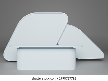 Podium Stand. Three-dimensional Pedistal On A Gray Background. Podium Stand For Product Demonstration. Abstract Background To Showcase Something. Black And White 3d Render Illustration.