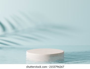 Podium Standing In Water, With Palm Shadow, On The Blue Background. Beautiful Mock Up For Product, Cosmetic Presentation. Pedestal Or Platform For Beauty Products. Empty Scene, Stage. 3D Rendering.