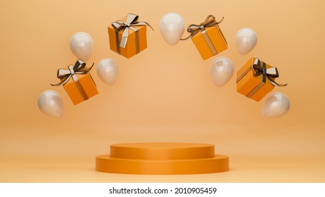 Podium for your product in orange tone colour decor with flying balloons and gift boxes, Online advertising poster, Banner for your brands, 3d rendering, 3d illustration