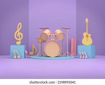 Podiums For Products Show With Mock-up Colorful Musical Notes And Instruments. 3D Rendering. 