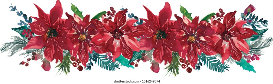 Poinsettia Christmas watercolor bouquet isolated on white background.