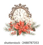 Poinsettia flower, with red berries, surrounded by pine branches with pine cones, wax candles and a vintage clock. Watercolor composition in Christmas style for New Year