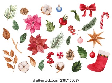 Poinsettia, pine branches, Christmas decor, holiday candy canes, red rose hips and holly. Hand drawn watercolor illustrations. A set of New Year's elements in a bright palette. Isolated elements - Powered by Shutterstock