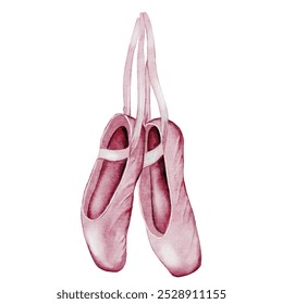 Pointe shoes watercolor. Hand drawn pink ballerina accessories postcard on isolated white background. Clip art of elegant satin ballet shoes with space for name inscription. Ideal card for ballet and - Powered by Shutterstock