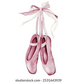 Pointe shoes watercolor. Hand drawn pink ballerina accessories postcard on isolated white background. Clip art of elegant satin ballet shoes with space for name inscription. Ideal card for ballet and - Powered by Shutterstock