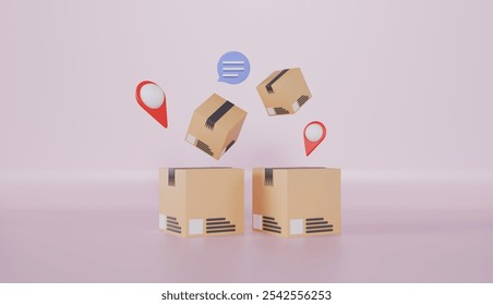 Pointer pin location and Cardboard boxes transportation logistics concept - Powered by Shutterstock