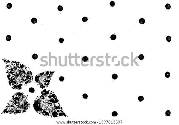 Points and prints of leaves. Graphic elements drawn with\
ink. Black-and-white graphics for design. Set of hand drawn design\
elements. Collection of black ink abstract textures, isolated\
