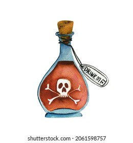 Poison bottle in watercolor white background  Red liquid in the bottle  The bottle features skull and bones 