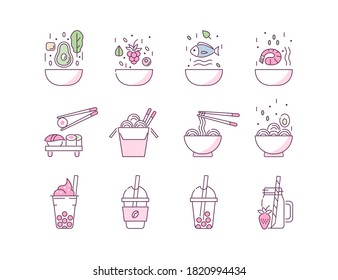 Poke Bowl Icons Set. Various Healthy Meals Symbols. Poke Salad, Noodles, Bubble Tea and Sushi. Asian Food and Beverage Signs Collection. Flat Line Cartoon Illustration.